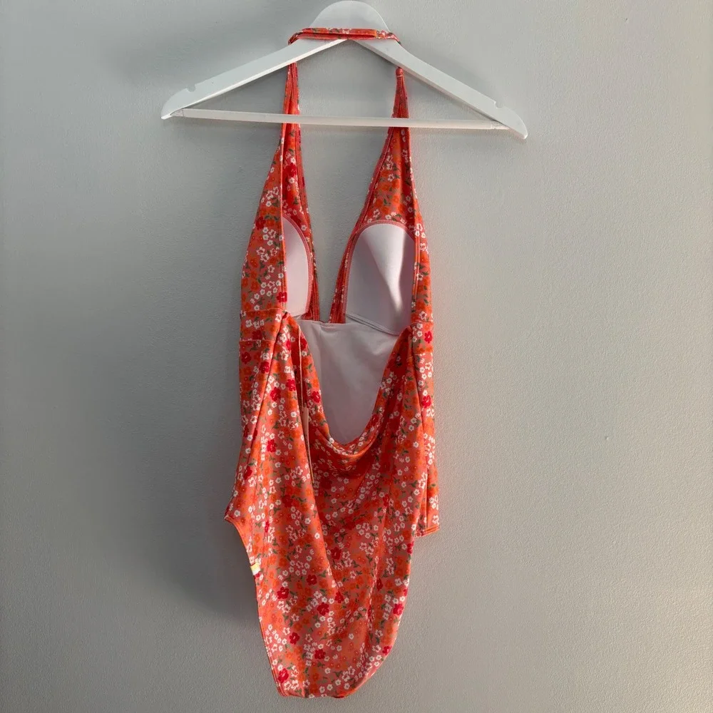 Summersalt Deep V Halter One Piece Swimsuit Womens 12 Floral Orange NWT Poolside